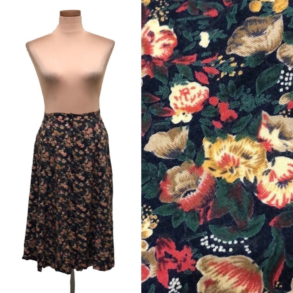 Vintage Midi Skirt Size Medium Dark Forest Green Flora Print High Waisted